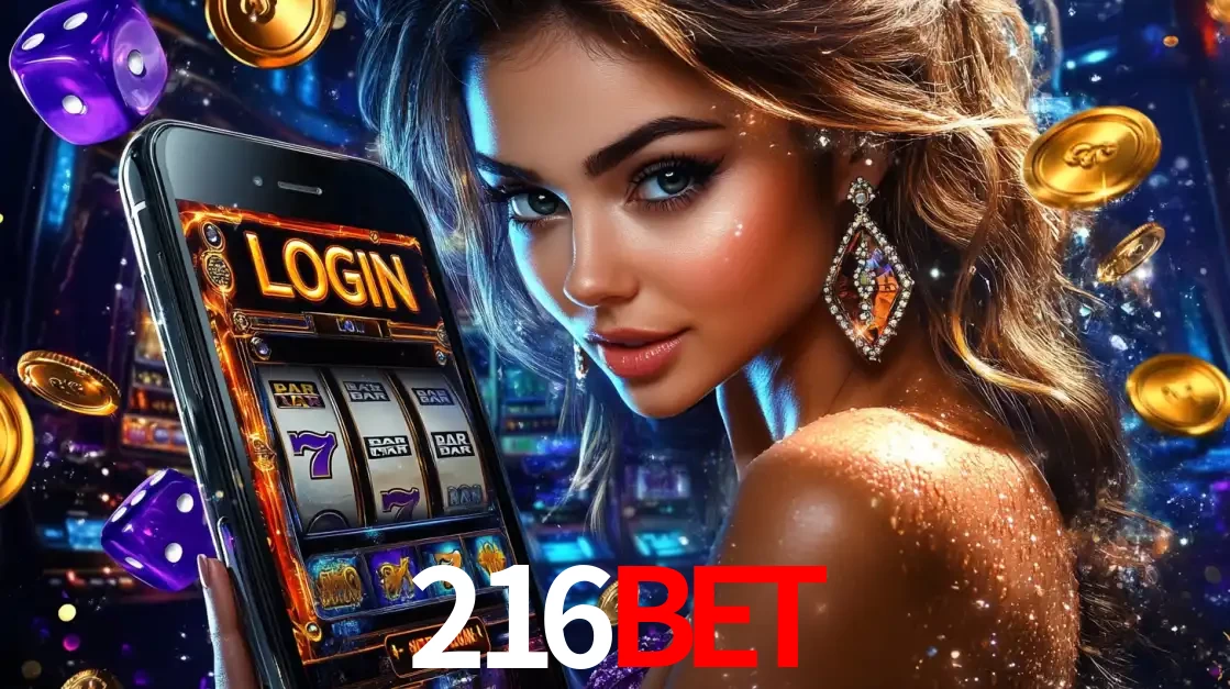 Mulher glamorosa segurando um smartphone com a tela de login para os jogos de caça-níqueis do cassino online 216BET, com moedas de ouro e dados ao redor.