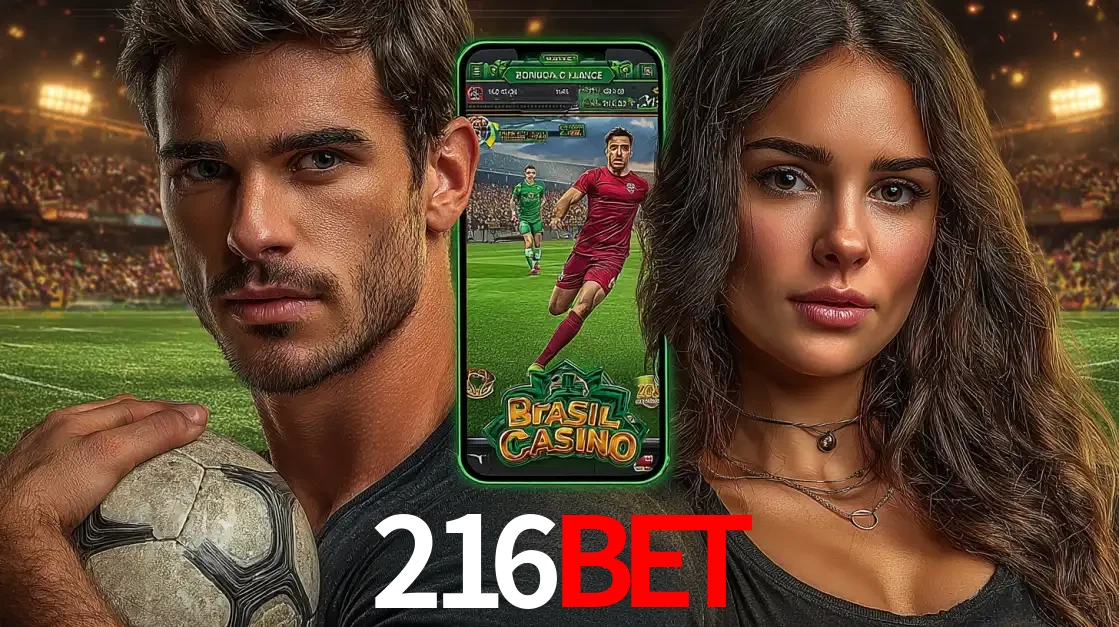 Homem segurando uma bola de futebol e uma mulher ao lado de um smartphone exibindo o jogo de apostas esportivas da 216BET. Faça seu palpite no cassino online.